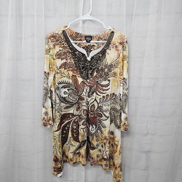 Simply Emma Blouse Grunge Whimsigoth Retro Floral Beaded Brown Green 1X - Picture 8 of 12
